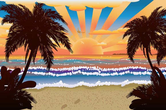 Download Sunset on Beach with Palms - Palms Collection