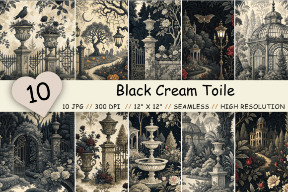 Download Black Cream Toile Digital Paper Pack - Black Collection